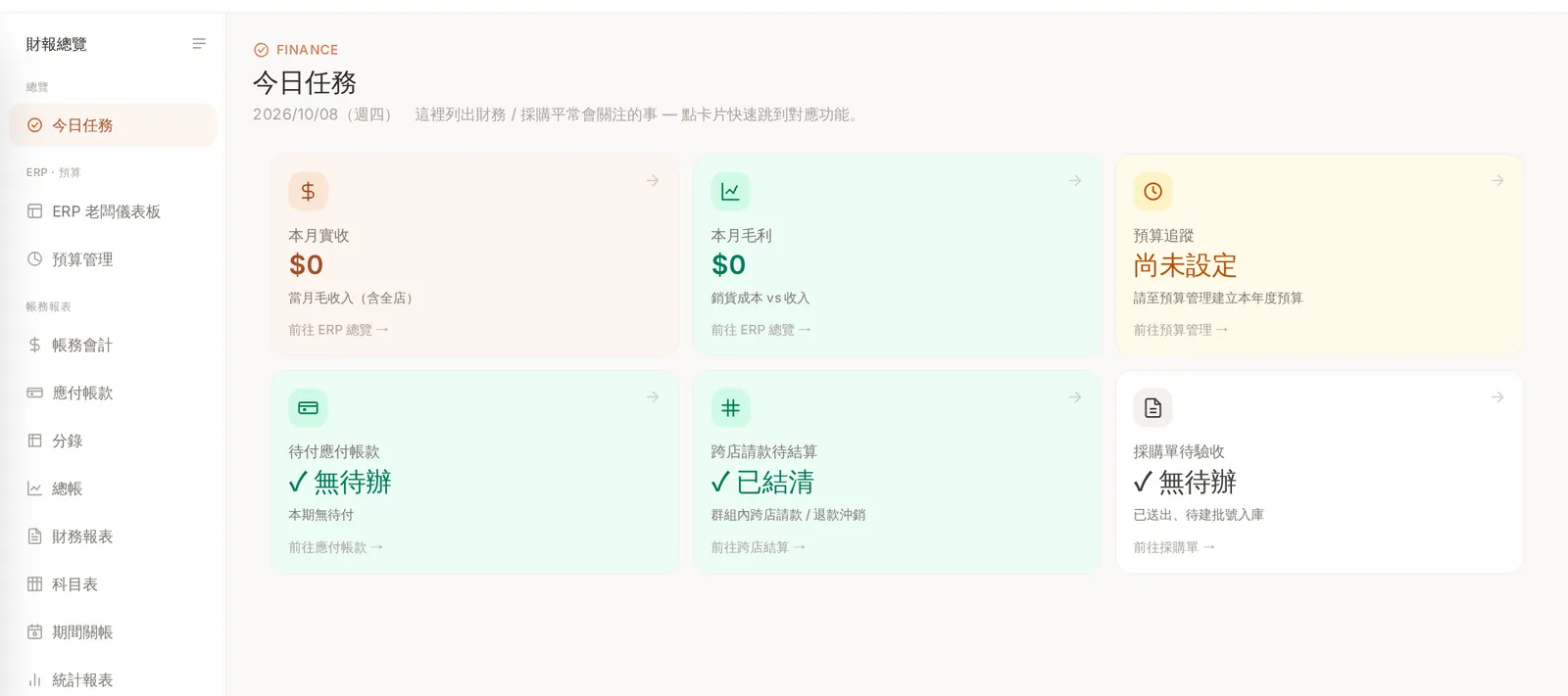 i-System 財報管理的今日任務:本月實收、本月毛利、預算追蹤、應付帳款與採購驗收