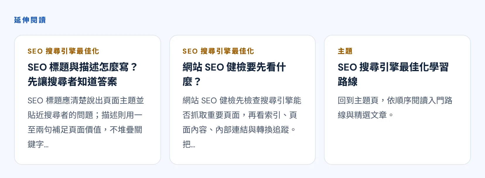 知識文章底部的延伸閱讀區塊:兩篇同主題文章與主題頁學習路線的連結卡片