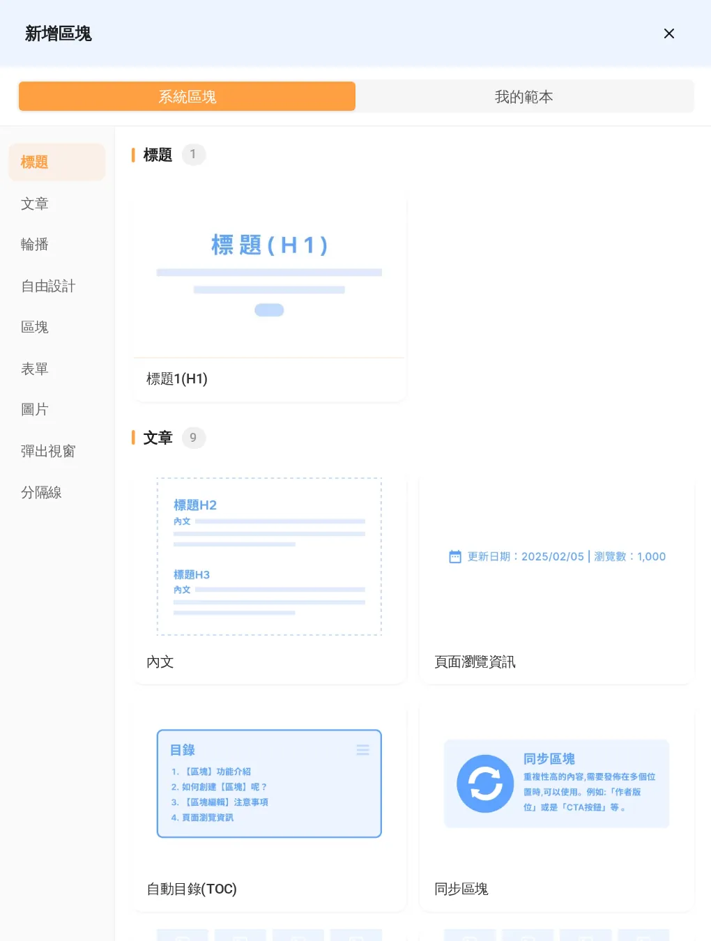 新增區塊視窗:系統區塊分為標題、文章、輪播、自由設計、區塊、表單、圖片等類別