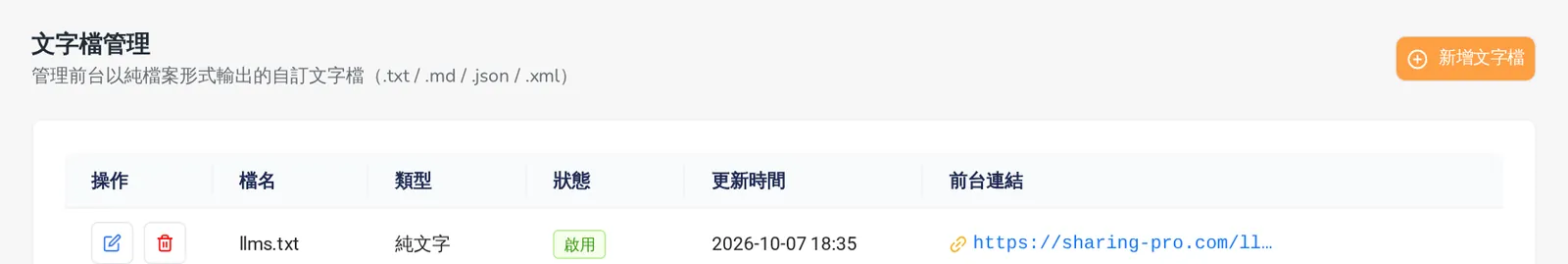 文字檔管理畫面:llms.txt 純文字檔與前台連結