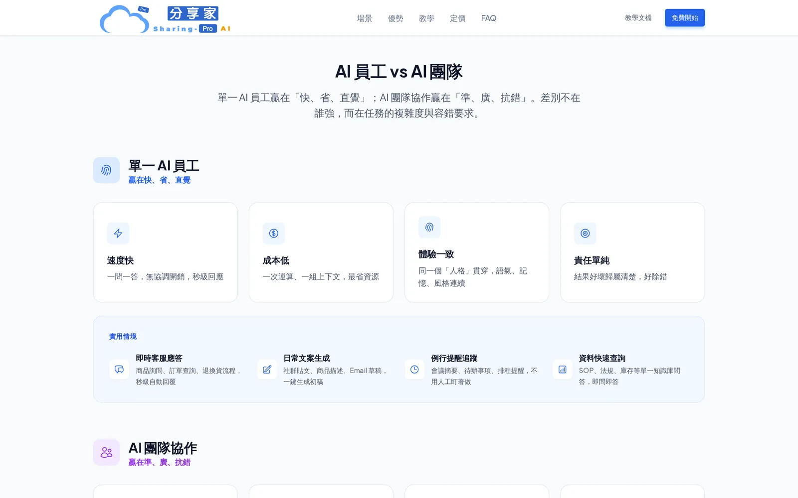 Sharing-Pro AI 官網:單一 AI 員工與 AI 團隊協作的比較說明
